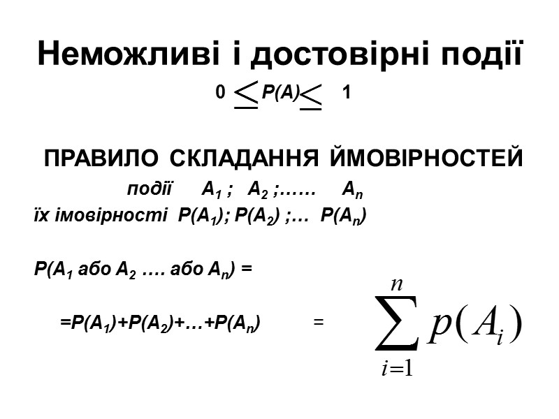 Неможливі і достовірні події 0 Р(А) Неможливі і достовірні події 0 Р(А)